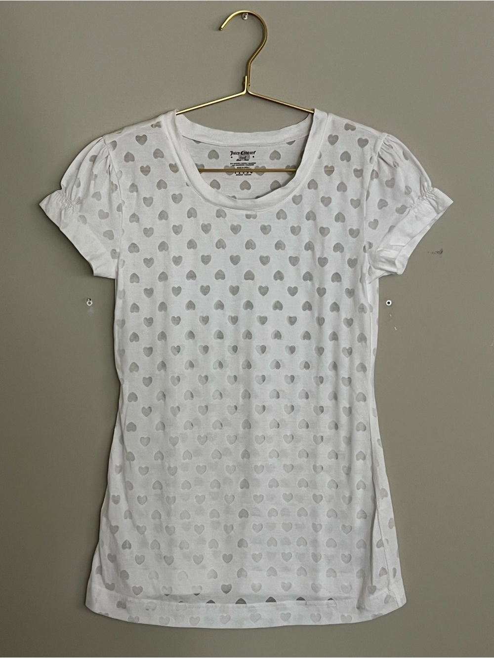 Juicy Couture - See Through Heart Pattern White Tee with Puff Sleeves♡